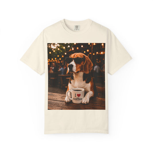 Beagle Coffee Lover T-Shirt – Hound with "I ❤️ coffee" Mug Graphic