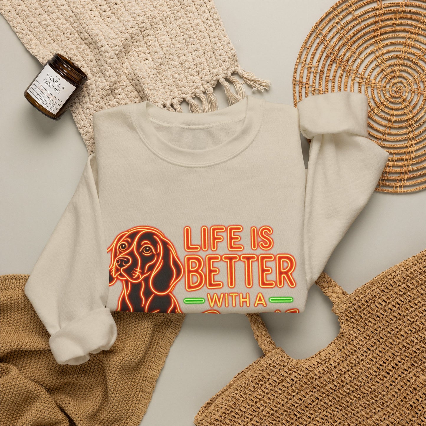 Beagle Sweatshirt — Neon Orange Life Is Better