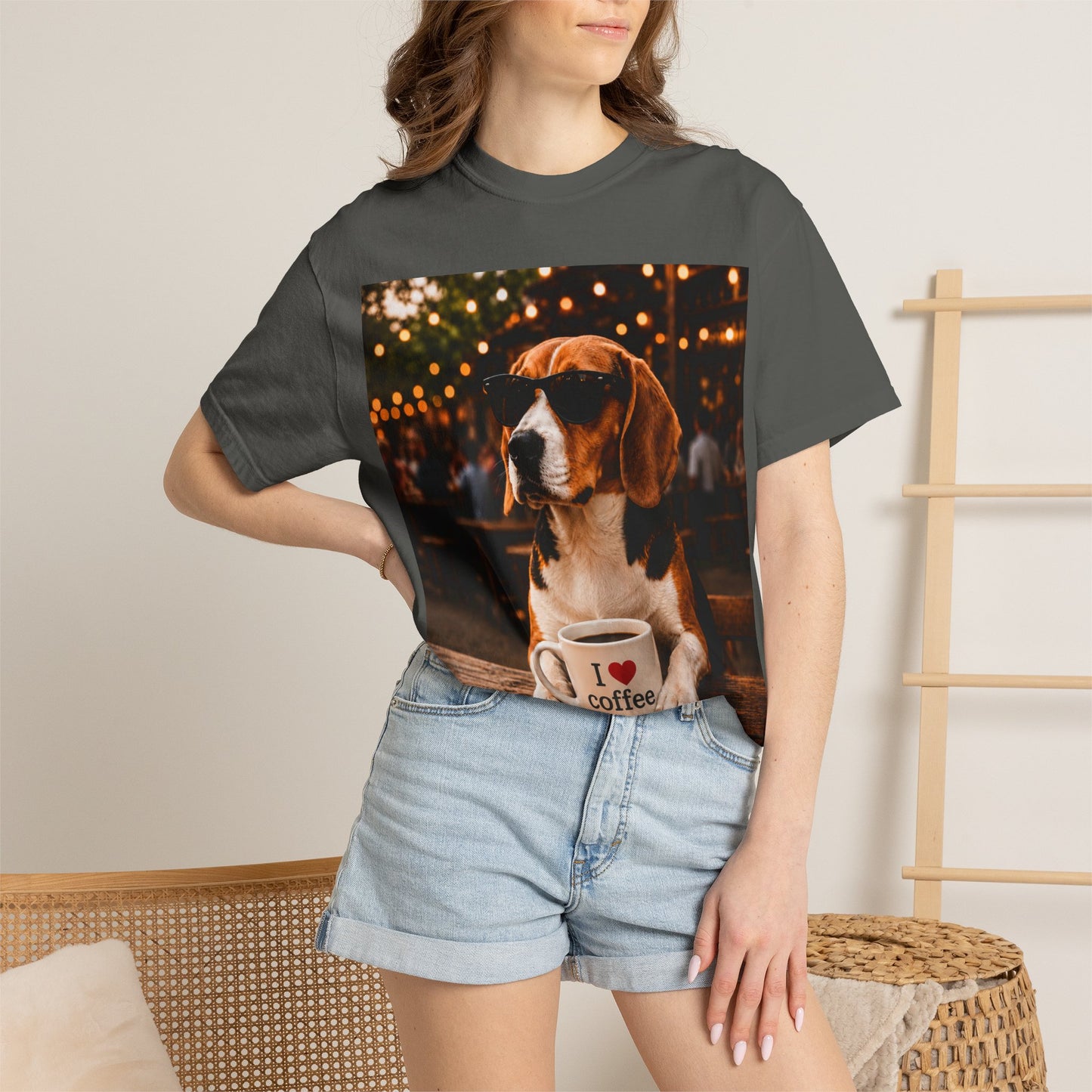 Beagle Coffee Lover T-Shirt – Hound with "I ❤️ coffee" Mug Graphic