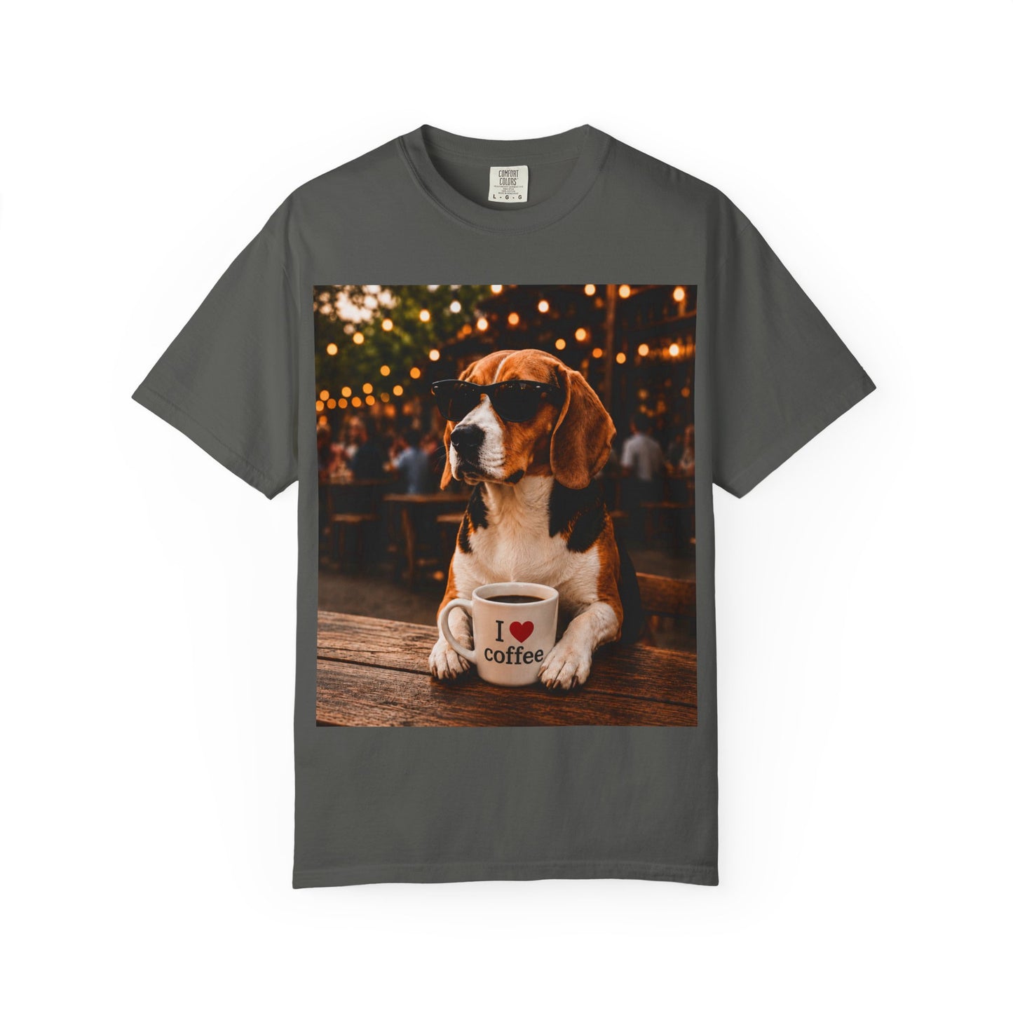 Beagle Coffee Lover T-Shirt – Hound with "I ❤️ coffee" Mug Graphic