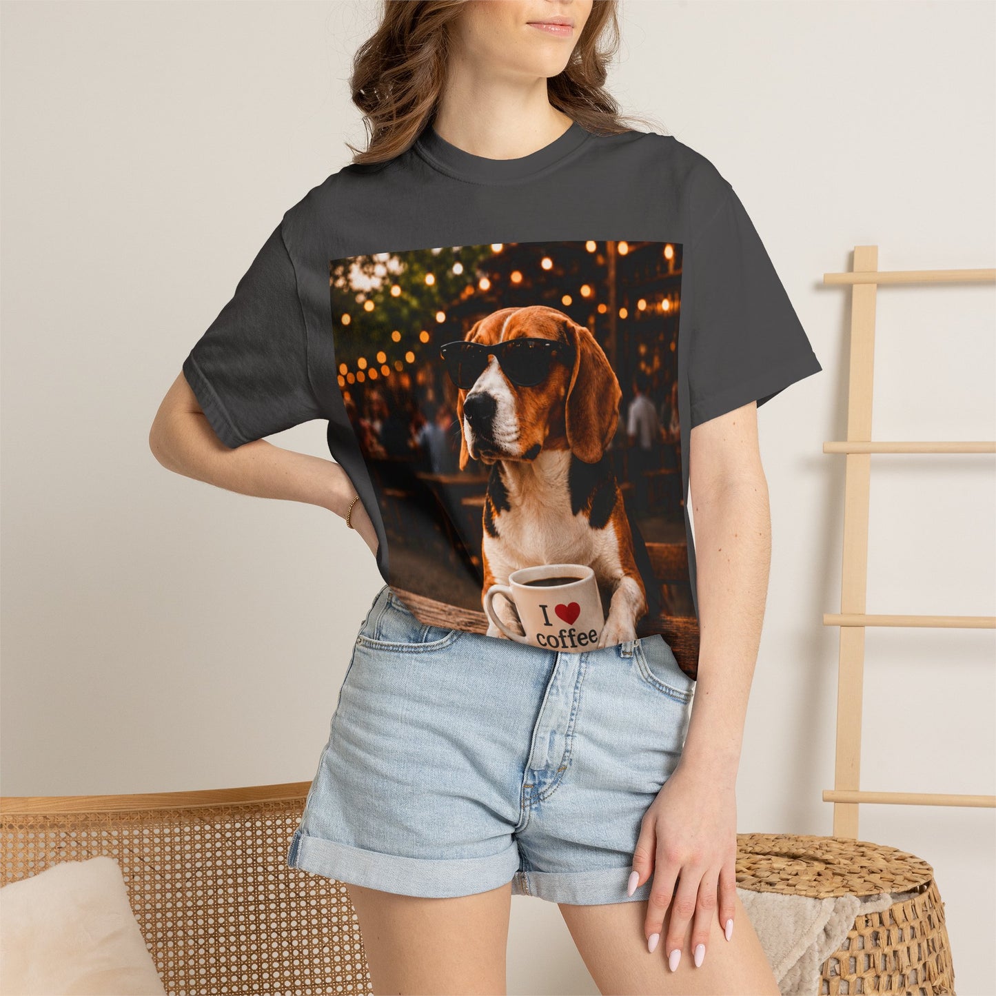 Beagle Coffee Lover T-Shirt – Hound with "I ❤️ coffee" Mug Graphic